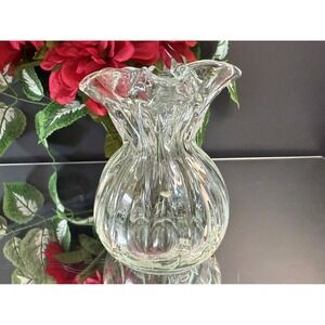 Crystal Brand Clear Ribbed Art Glass Vase Ruffled Edge Handblown Style Decor‎